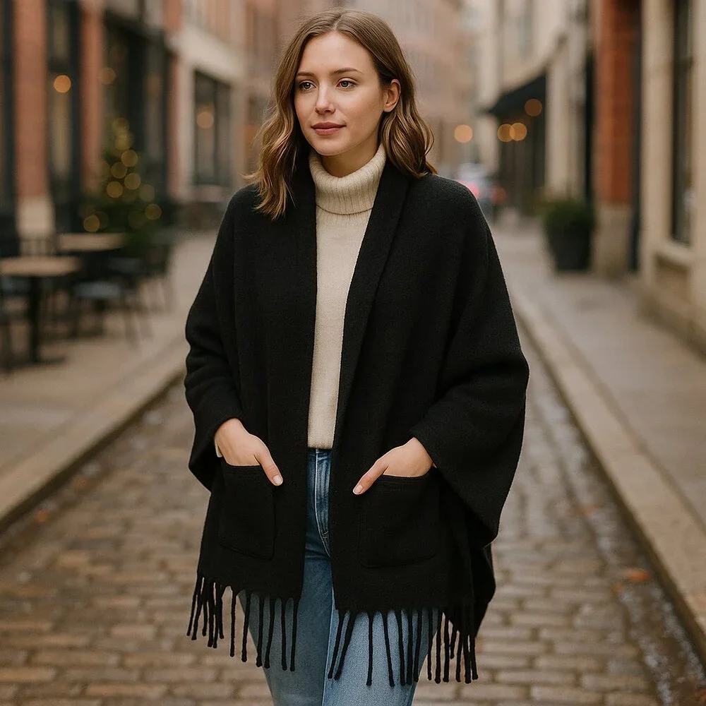 🖤 Steve Madden Black Knit Fringe Shawl w/ Front Pockets — One Size